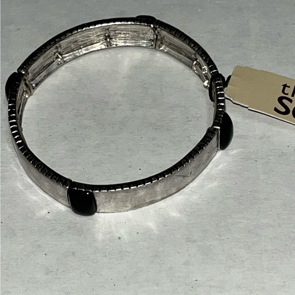 The Sak Black Enamel Stone Stretch Silver‎ Fashion Bracelet New with Tag